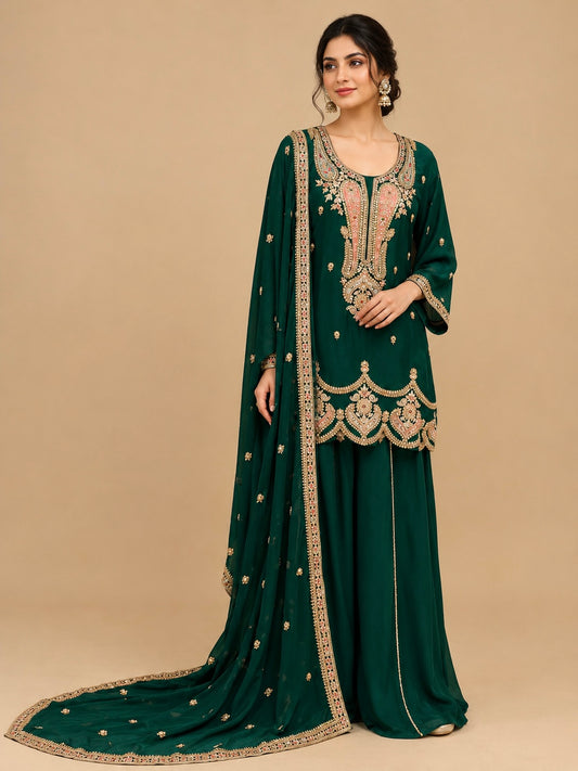 BOTTLE GREEN COLOUR CHINON SHARARA SUIT SET EMBELLISHED WITH SEQUINS & KASAB EMBROIDERY