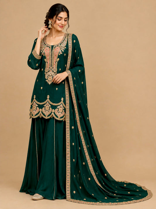 BOTTLE GREEN COLOUR CHINON SHARARA SUIT SET EMBELLISHED WITH SEQUINS & KASAB EMBROIDERY