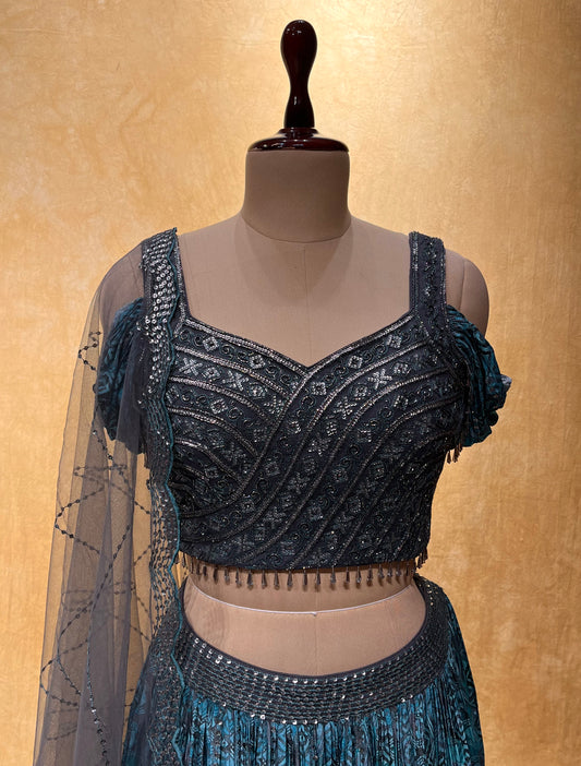 BLUE COLOR CHINON LEHENGA WITH CROP TOP BLOUSE & NET DUPATTA EMBELLISHED WITH SEQUINS WORK