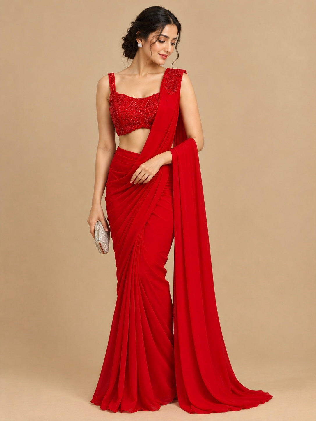 RED COLOUR CHINON READYMADE SAREE WITH SEQUINS & BEADS EMBROIDERED BLOUSE