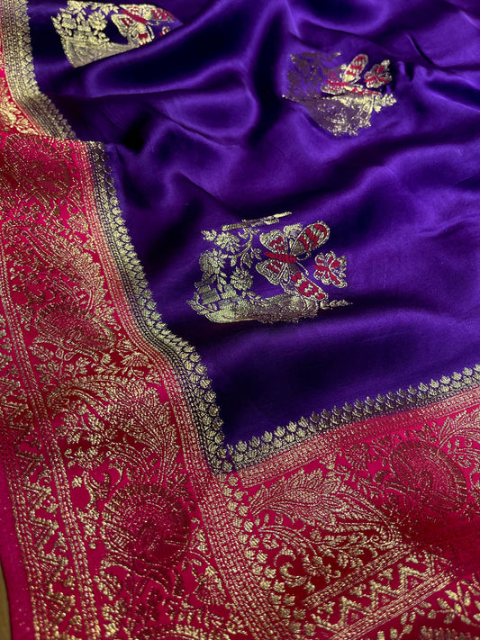 PURPLE COLOUR SATIN SILK SAREE EMBELLISHED WITH ZARI WEAVES & CONTRAST BLOUSE - Kothari Sons