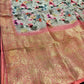 GREY COLOUR PRINTED PLANT-BASED SILK SAREE WITH BANARASI ZARI BOOTIES AND CONTRAST PINK HEAVY PALLA