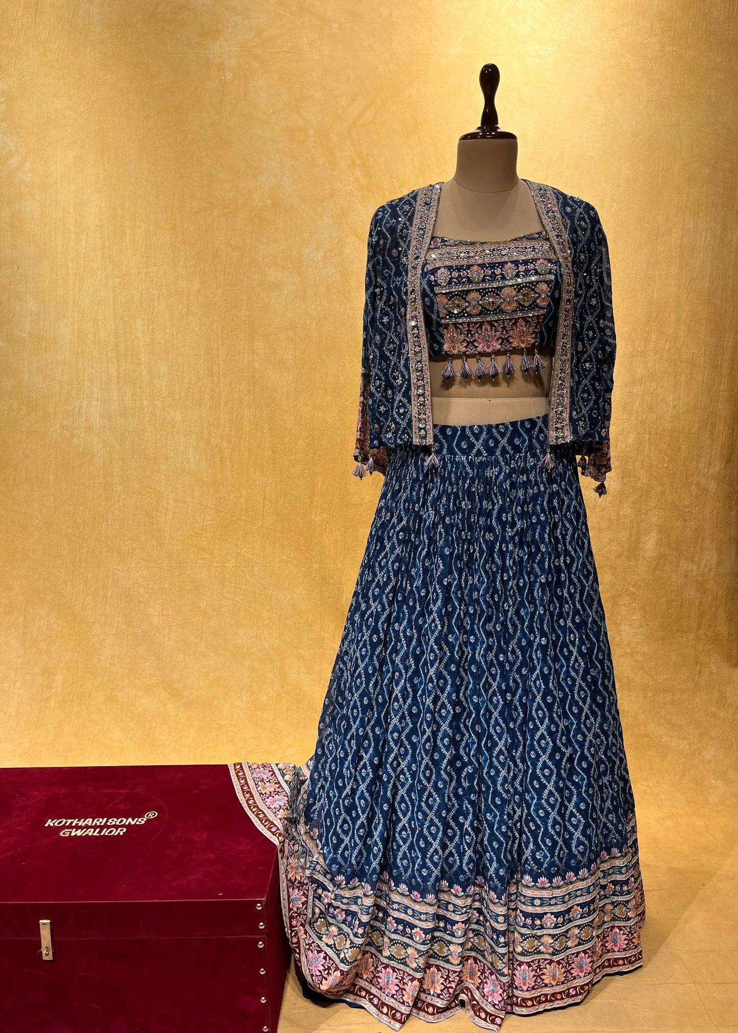 ( DELIVERY IN 25 DAYS ) BLUE COLOUR GEORGETTE SKIRT WITH CROP TOP BLOUSE & SHRUG EMBELLISHED WITH SEQUINS & BEADS WORK