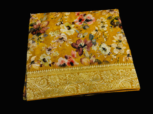 MUSTARD YELLOW PRINTED PLANT-BASED SILK SAREE WITH BANARASI ZARI BOOTIES AND HEAVY PALLA