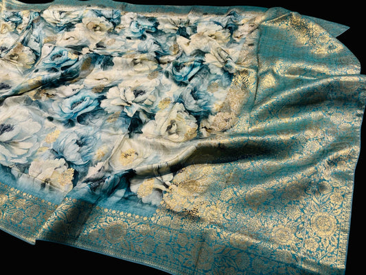 GREYISH TEAL COLOUR PRINTED PLANT-BASED SILK SAREE WITH BANARASI ZARI BOOTIES AND HEAVY PALLA