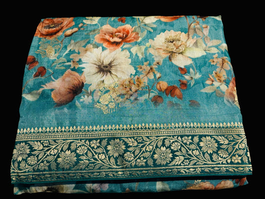 DUSTY TEAL BLUE COLOUR PRINTED PLANT-BASED SILK SAREE WITH BANARASI ZARI BOOTIES AND HEAVY PALLA