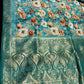 DUSTY TEAL BLUE COLOUR PRINTED PLANT-BASED SILK SAREE WITH BANARASI ZARI BOOTIES AND HEAVY PALLA