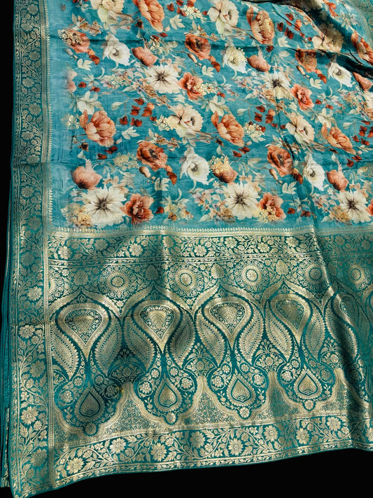 DUSTY TEAL BLUE COLOUR PRINTED PLANT-BASED SILK SAREE WITH BANARASI ZARI BOOTIES AND HEAVY PALLA