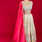 OFF WHITE COLOUR CREPE TISSUE LEHENGA WITH READYMADE BLOUSE & CONTRAST DUPATTA EMBELLISHED WITH MIRROR WORK