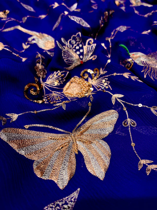 BLUE COLOUR PURE CHIFFON HAND EMBROIDERED SAREE EMBELLISHED WITH SEQUINS ZARI  & ZARDOZI WORK