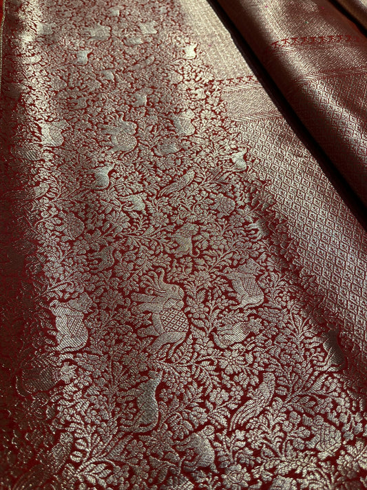 MAROON COLOUR PLANT BASED SILK BROCADE SAREE EMBELLISHED WITH ZARI WEAVES - Kothari Sons