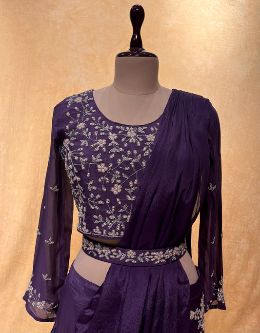 PURPLE COLOUR CHINON EMBROIDERED READYMADE SAREE EMBELLISHED WITH CUTDANA WORK