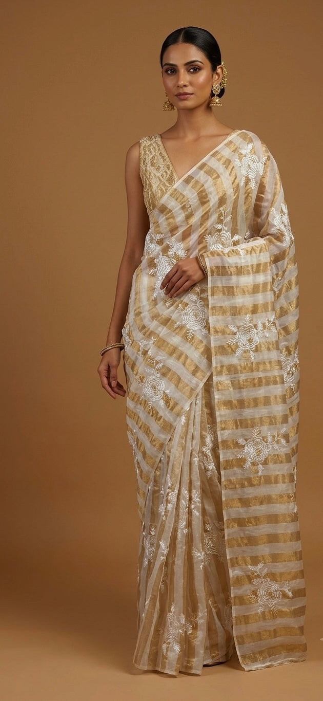IVORY COLOUR CHANDERI GOLDEN STRIPED PARSI EMBROIDERED SAREE PAIRED WITH AN UNSTITCHED GOLDEN BLOUSE BY SIDDHAIKA - Kothari Sons