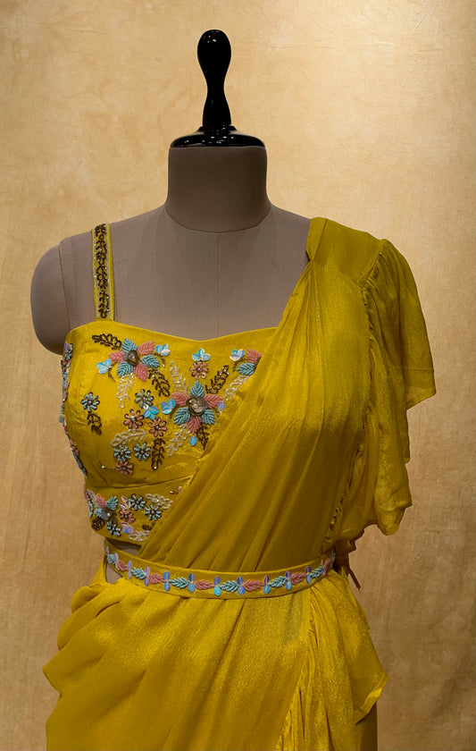 ( DELIVERY IN 25 DAYS ) YELLOW COLOUR CREPE SILK READYMADE SAREE WITH EMBROIDERED BLOUSE EMBELLISHED WITH CUTDANA & BEADS WORK