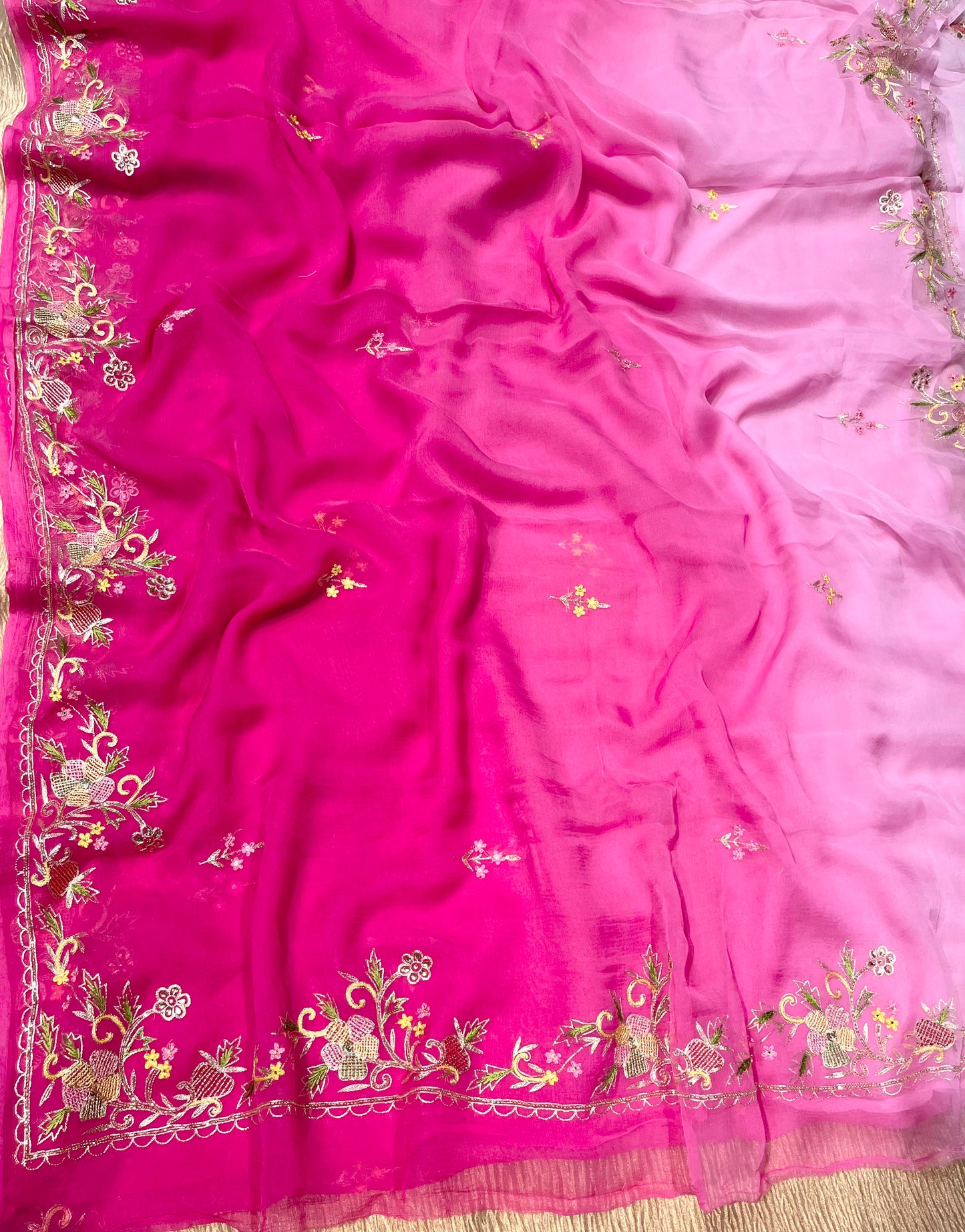 PINK COLOUR CHIFFON EMBROIDERED SAREE EMBELLISHED WITH KARDHANA & AARI WORK