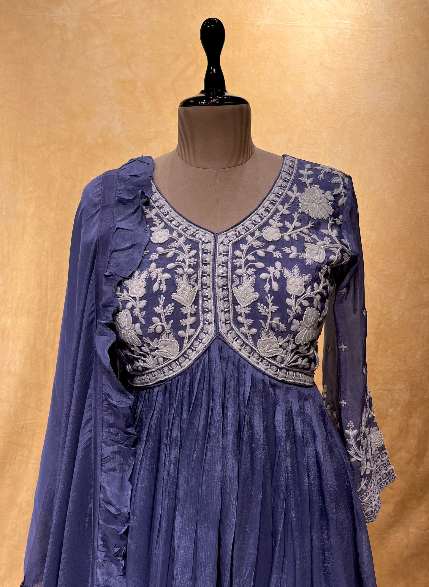 ( DELIVERY IN 25 DAYS ) LAVENDER COLOUR CHINON PALAZZO WITH PEPLUM EMBROIDERED KURTA EMBELLISHED WITH BEADS & PEARL WORK