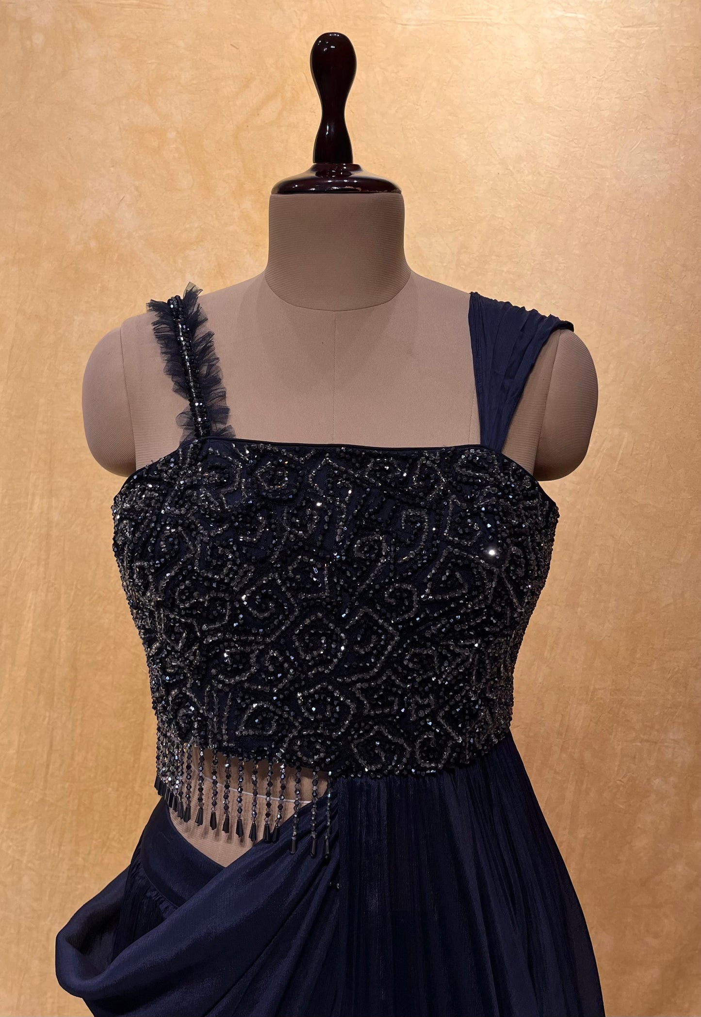 BLUE COLOUR CHINON INDOWESTERN DRESS EMBELLISHED WITH BEADS WORK