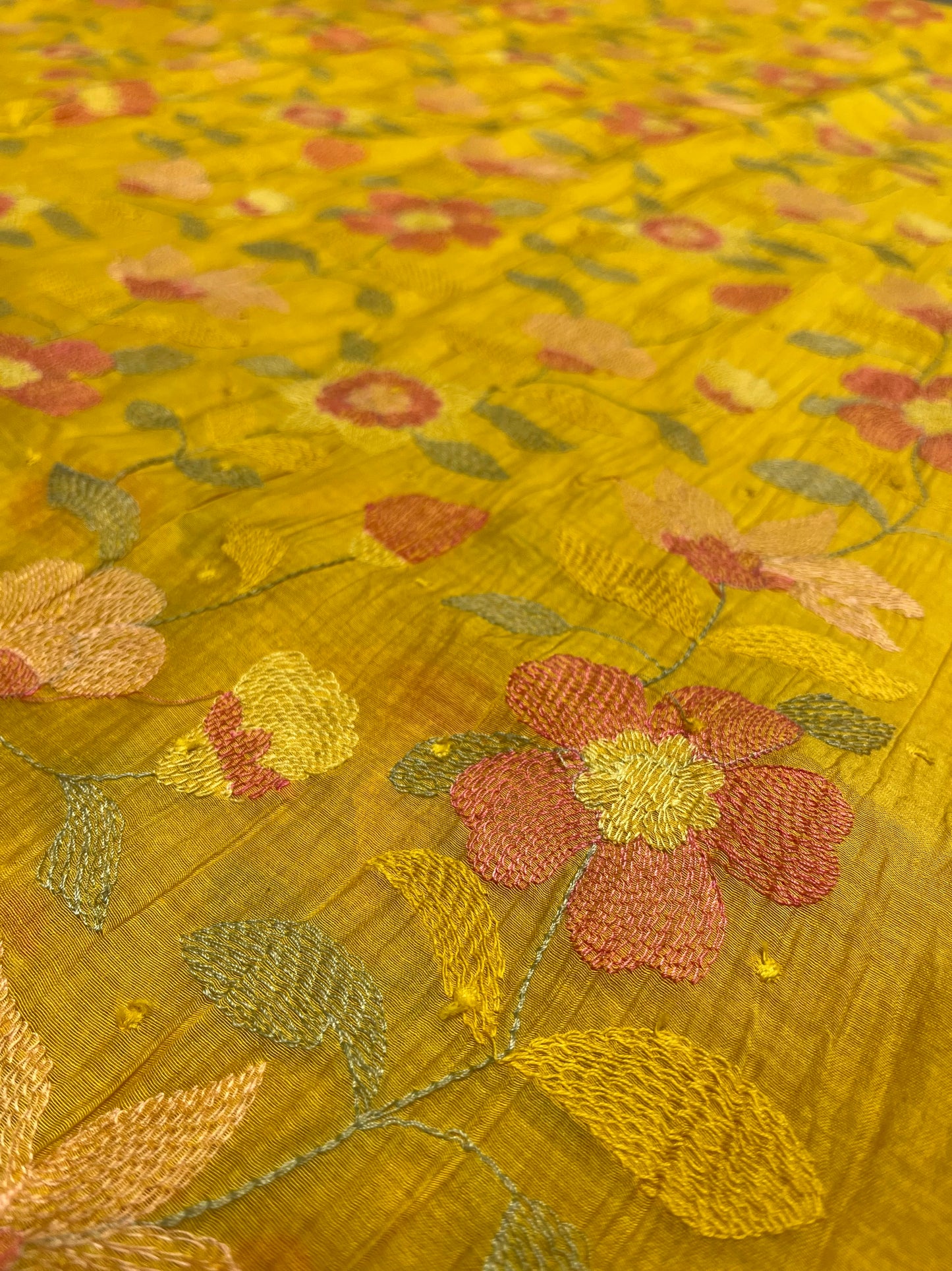 MUSTARD COLOUR MUL CHANDERI EMBROIDERED UNSTITCHED CO-ORD SET EMBELLISHED WITH RESHAM WORK & COTTON BOTTOM EMBROIDERY BY SIDDHAIKA - Kothari Sons