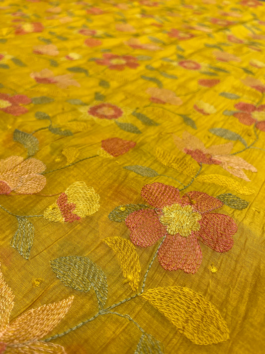 MUSTARD COLOUR MUL CHANDERI EMBROIDERED UNSTITCHED CO-ORD SET EMBELLISHED WITH RESHAM WORK & COTTON BOTTOM EMBROIDERY BY SIDDHAIKA - Kothari Sons