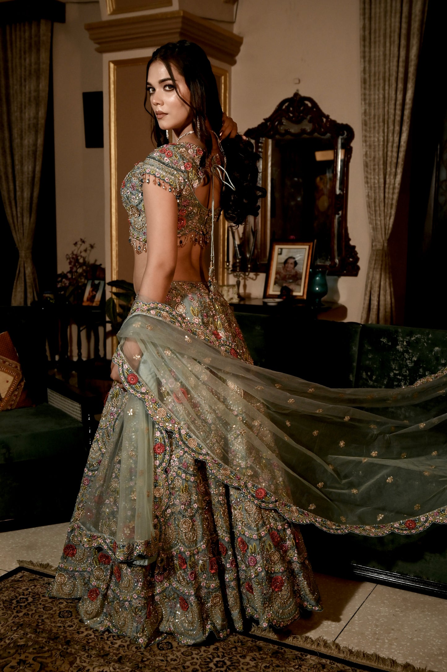 SEA GREEN COLOUR NET HAND EMBROIDERED NET LEHENGA EMBELLISHED WITH SEQUINS, ZARI & MIRROR WORK