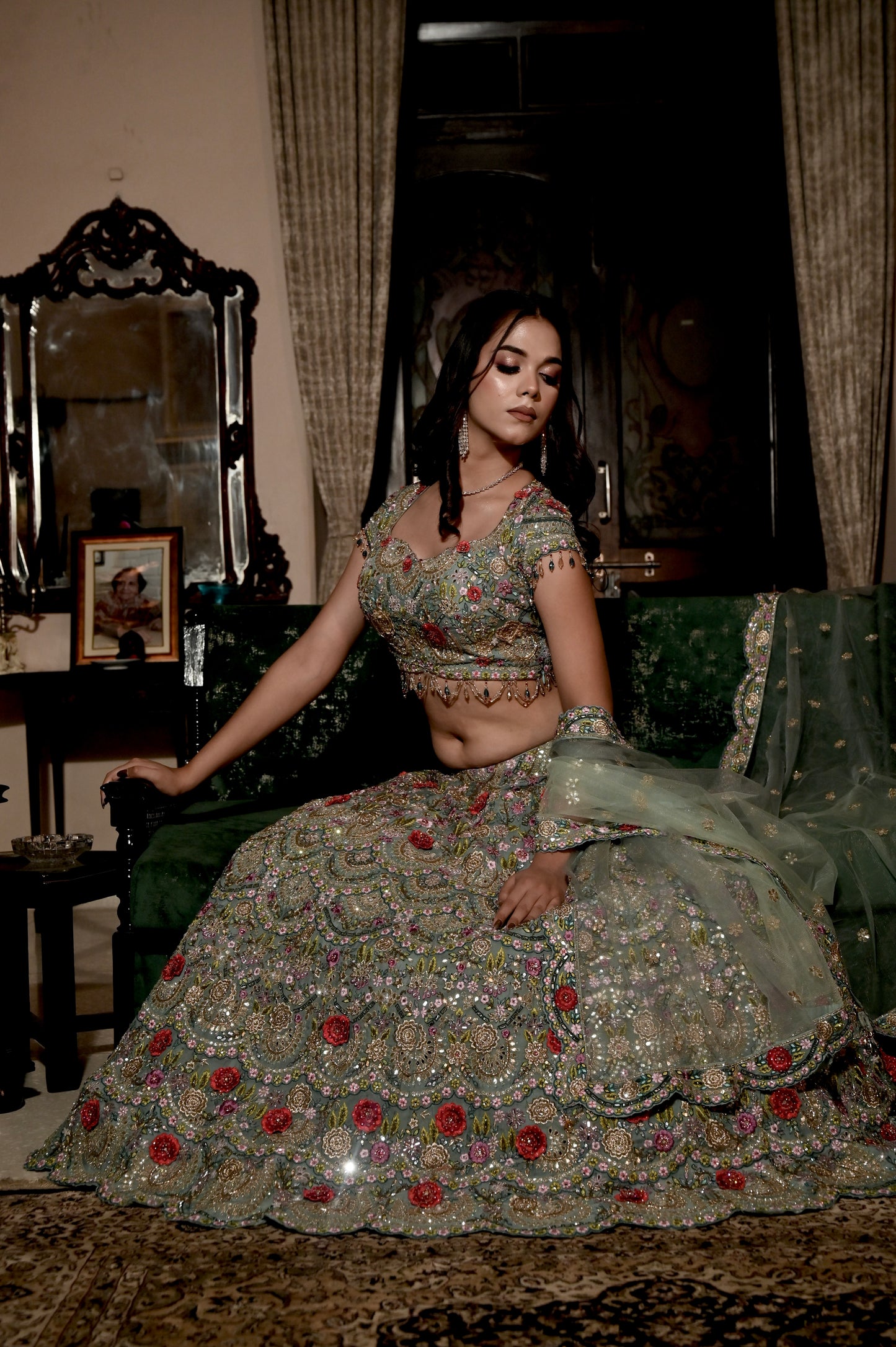 SEA GREEN COLOUR NET HAND EMBROIDERED NET LEHENGA EMBELLISHED WITH SEQUINS, ZARI & MIRROR WORK