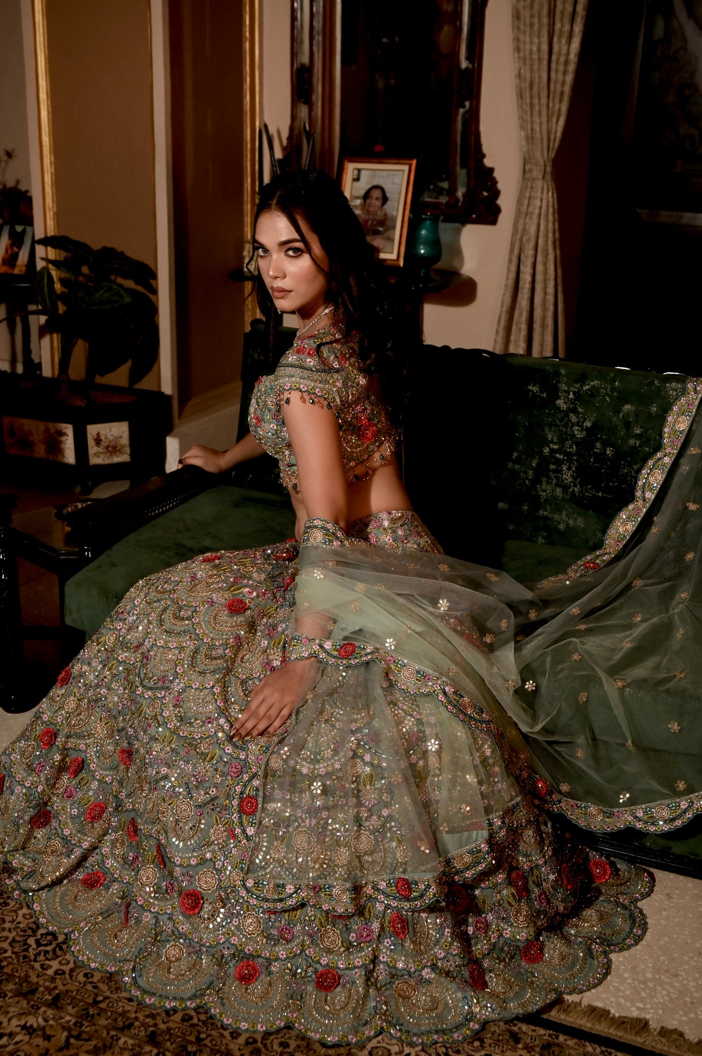 SEA GREEN COLOUR NET HAND EMBROIDERED NET LEHENGA EMBELLISHED WITH SEQUINS, ZARI & MIRROR WORK