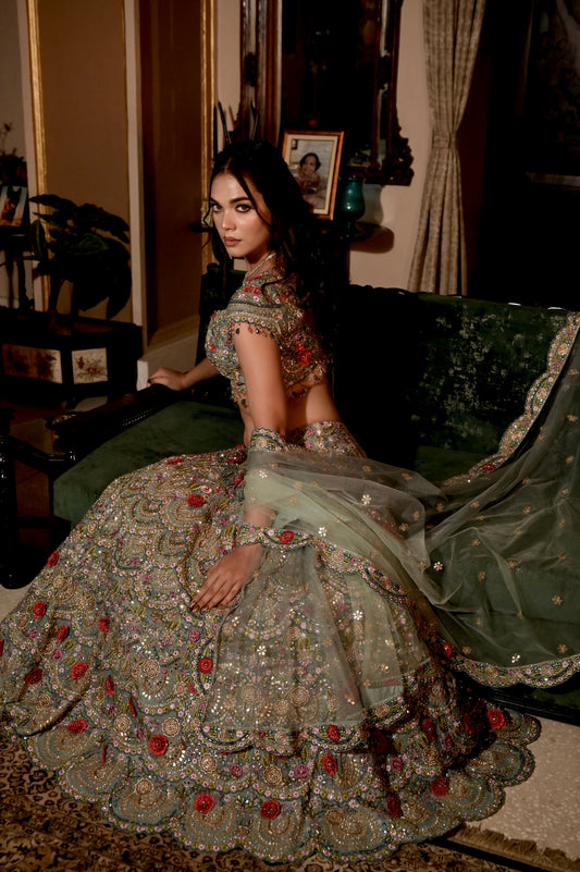 SEA GREEN COLOUR NET HAND EMBROIDERED NET LEHENGA EMBELLISHED WITH SEQUINS, ZARI & MIRROR WORK