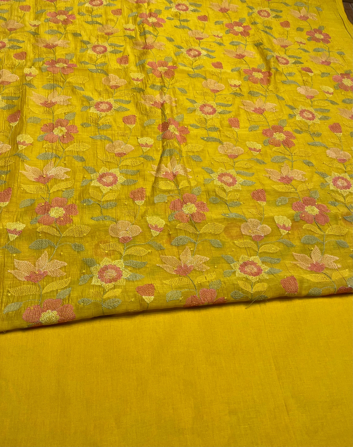 MUSTARD COLOUR MUL CHANDERI EMBROIDERED UNSTITCHED CO-ORD SET EMBELLISHED WITH RESHAM WORK & COTTON BOTTOM EMBROIDERY BY SIDDHAIKA - Kothari Sons