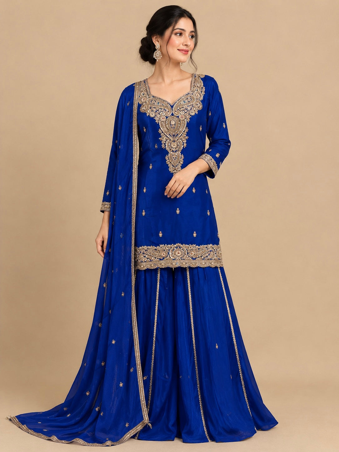 ROYAL BLUE COLOUR SHARARA SUIT SET EMBELLISHED WITH SEQUINS & KASAB EMBROIDERY