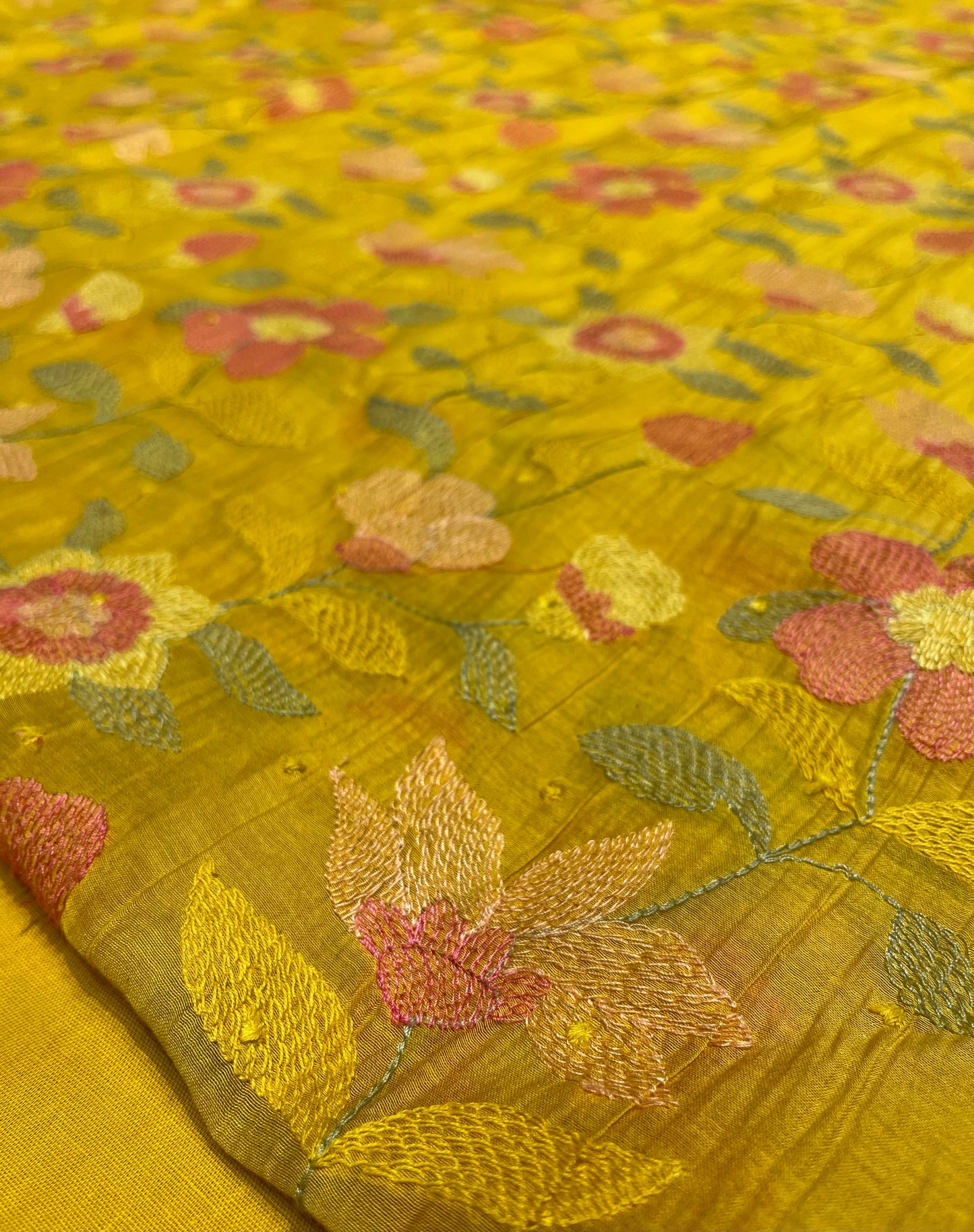 MUSTARD COLOUR MUL CHANDERI EMBROIDERED UNSTITCHED CO-ORD SET EMBELLISHED WITH RESHAM WORK & COTTON BOTTOM EMBROIDERY BY SIDDHAIKA - Kothari Sons