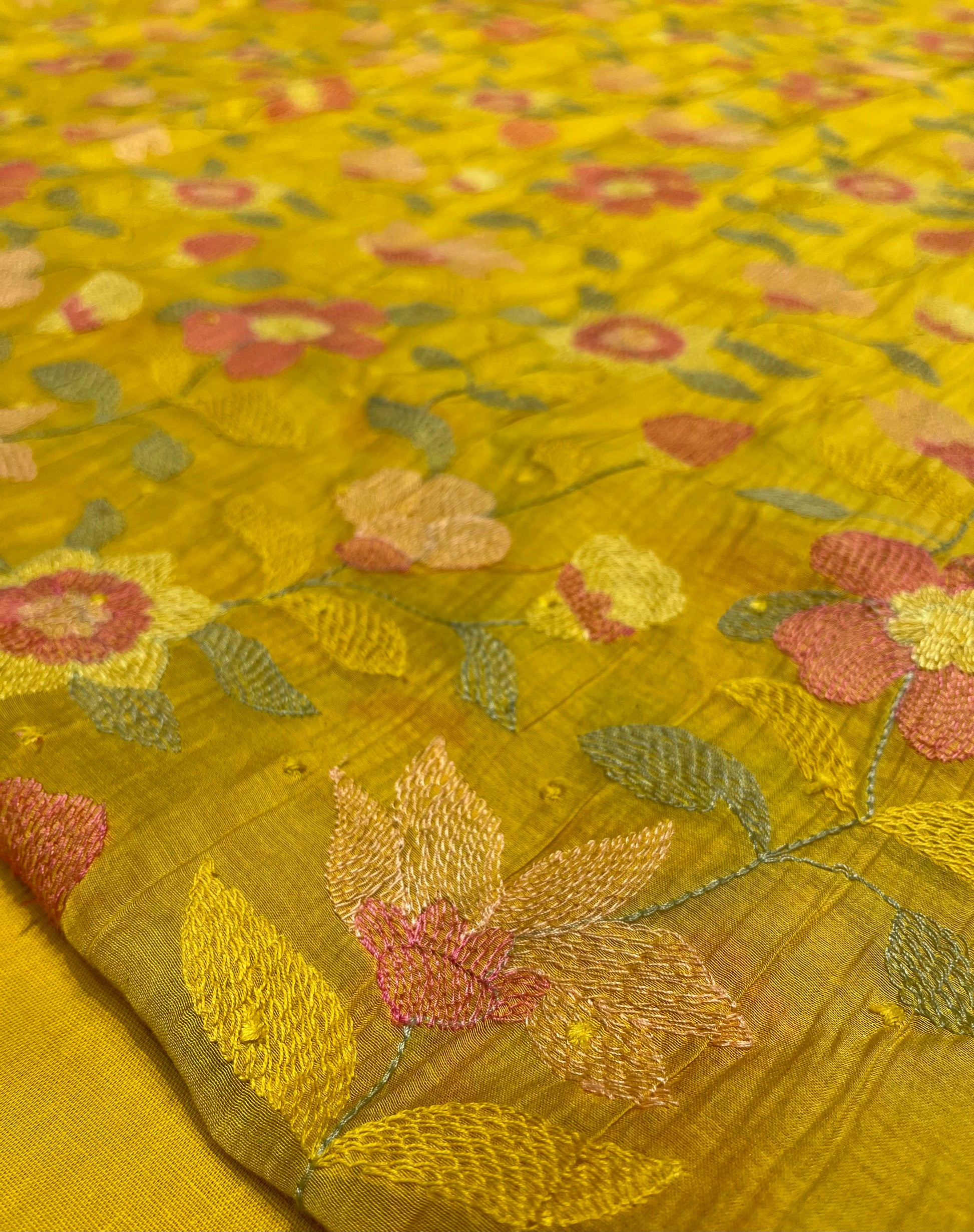 MUSTARD COLOUR MUL CHANDERI EMBROIDERED UNSTITCHED CO-ORD SET EMBELLISHED WITH RESHAM WORK & COTTON BOTTOM EMBROIDERY BY SIDDHAIKA - Kothari Sons