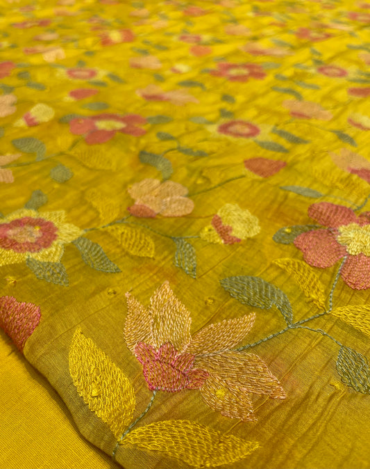 MUSTARD COLOUR MUL CHANDERI EMBROIDERED UNSTITCHED CO-ORD SET EMBELLISHED WITH RESHAM WORK & COTTON BOTTOM EMBROIDERY BY SIDDHAIKA - Kothari Sons