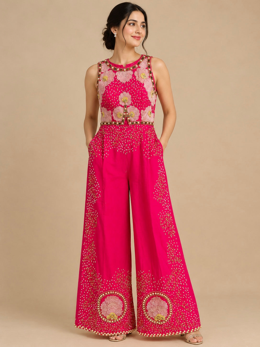 FUCHSIA PINK COLOUR SILK JUMPSUIT EMBELLISHED WITH SEQUINS, BEADS & PEARL WORK