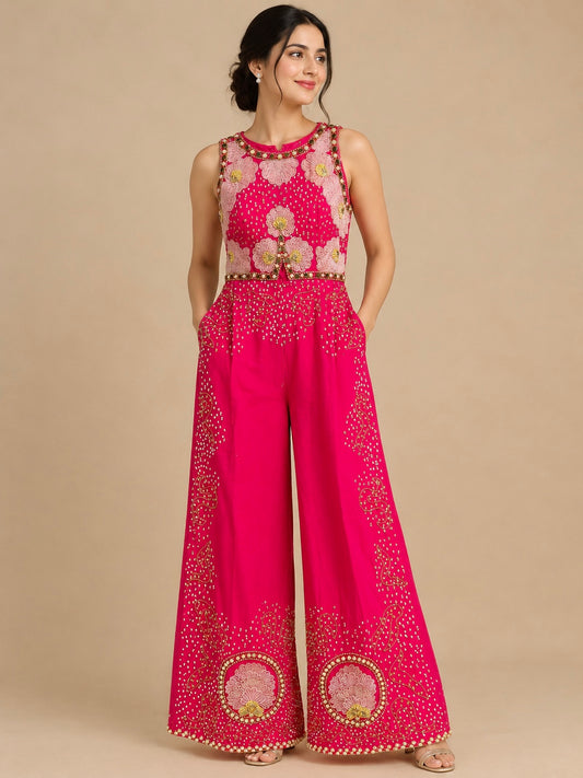 FUCHSIA PINK COLOUR SILK JUMPSUIT EMBELLISHED WITH SEQUINS, BEADS & PEARL WORK