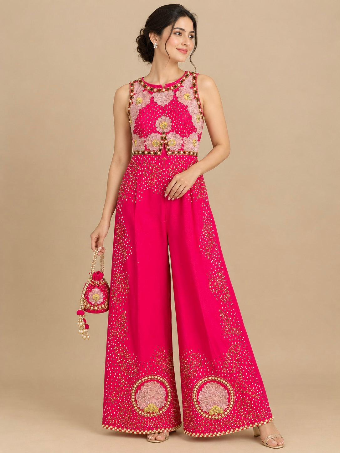 FUCHSIA PINK COLOUR SILK JUMPSUIT EMBELLISHED WITH SEQUINS, BEADS & PEARL WORK