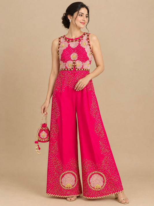 FUCHSIA PINK COLOUR SILK JUMPSUIT EMBELLISHED WITH SEQUINS, BEADS & PEARL WORK