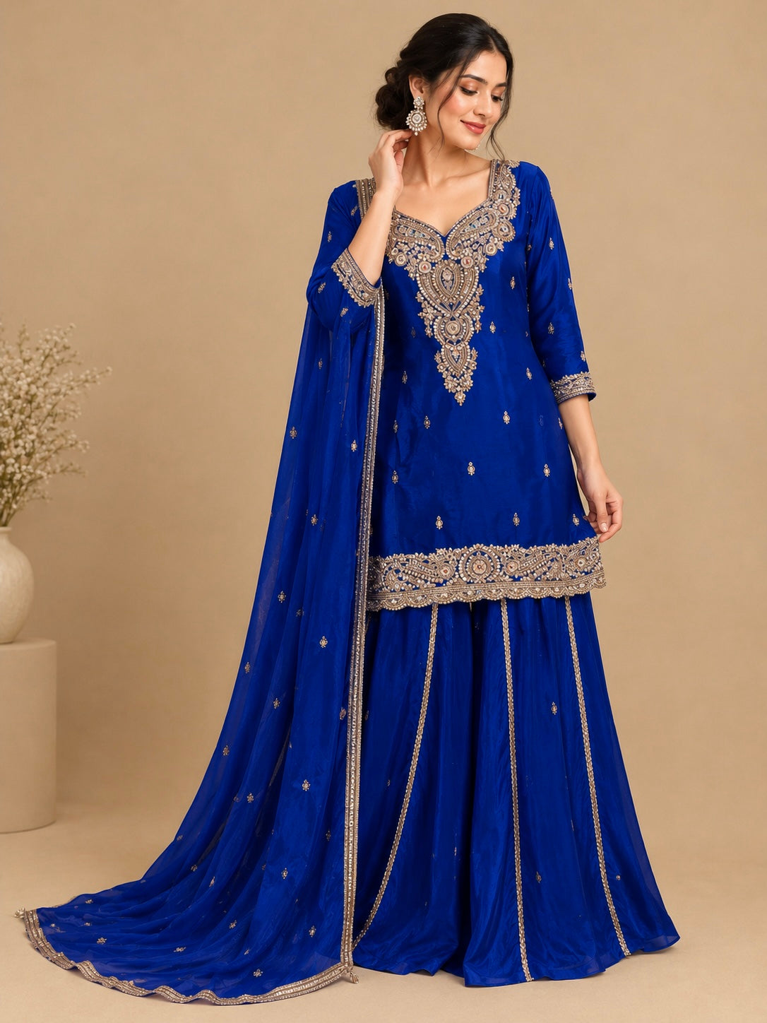 ROYAL BLUE COLOUR SHARARA SUIT SET EMBELLISHED WITH SEQUINS & KASAB EMBROIDERY