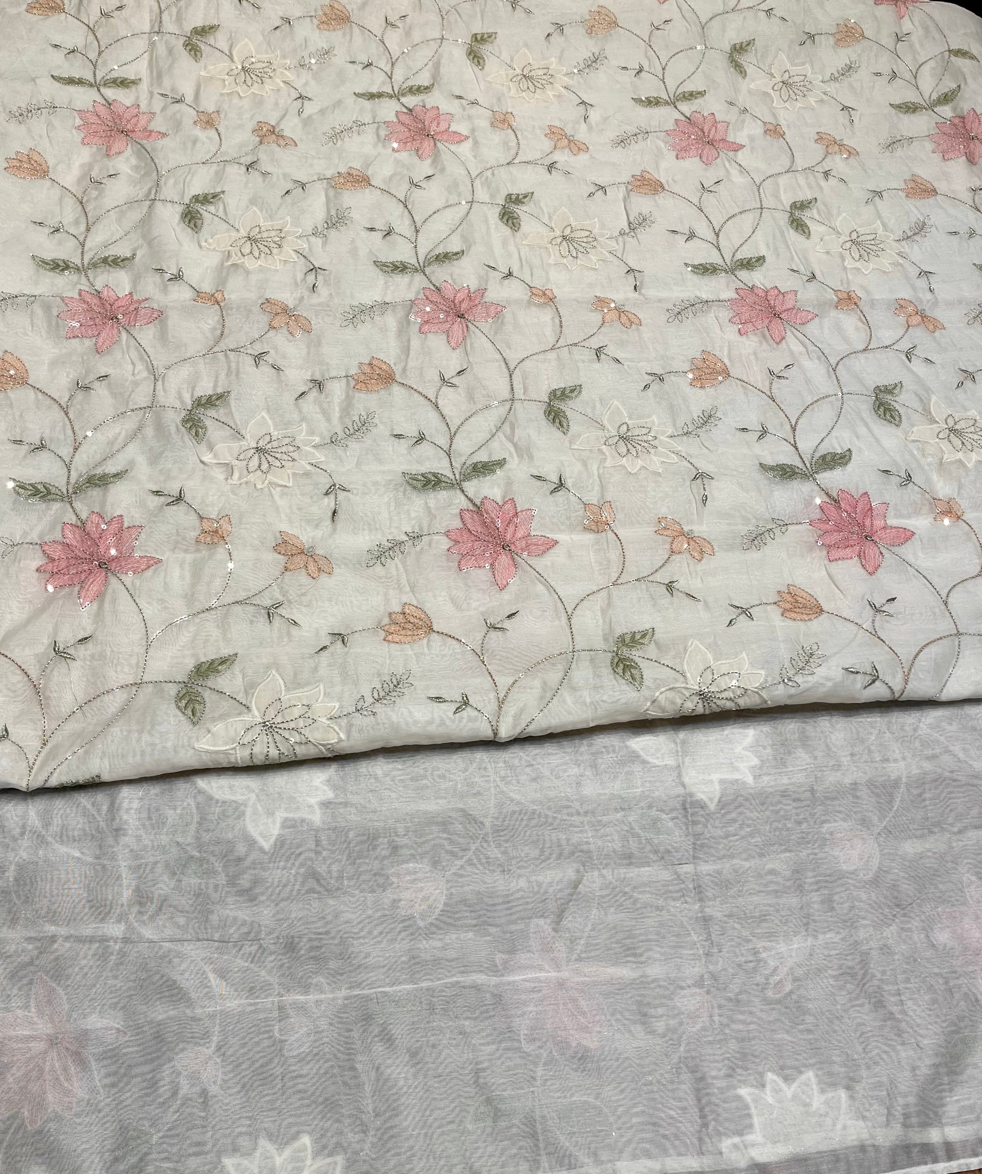 WHITE COLOUR MUL CHANDERI EMBROIDERED UNSTITCHED CO-ORD SET EMBELLISHED WITH RESHAM WORK BY SIDDHAIKA - Kothari Sons