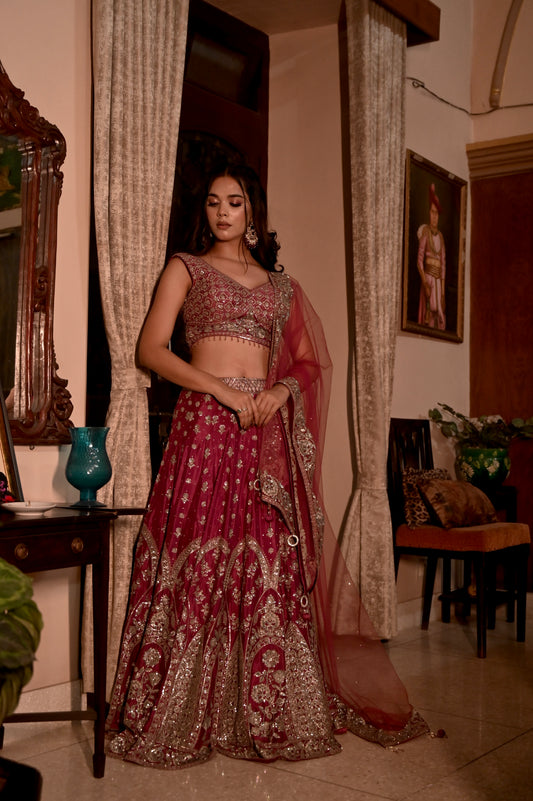 ONION PINK COLOUR CHINON SEQUINS EMBROIDERED LEHENGA WITH NET DUPATTA (Delivered in 30 Days)