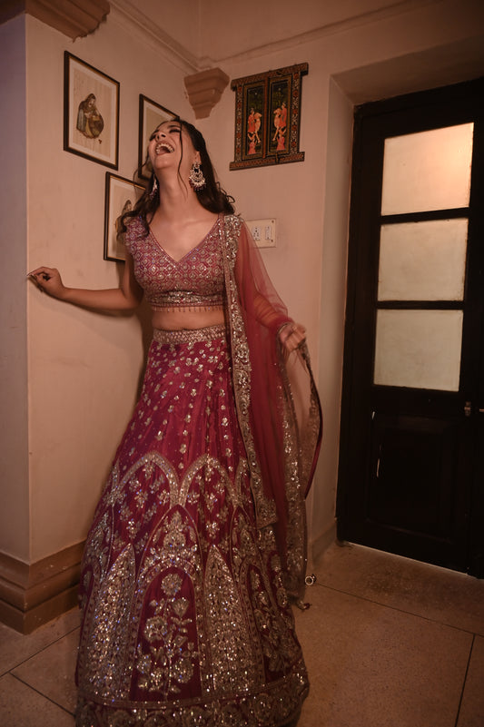 ONION PINK COLOUR CHINON SEQUINS EMBROIDERED LEHENGA WITH NET DUPATTA (Delivered in 30 Days)