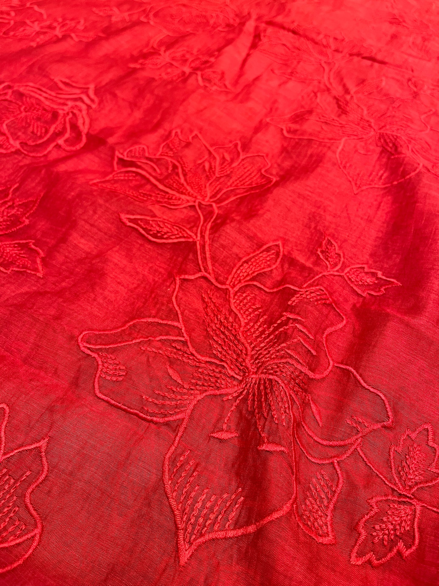 RED COLOUR MUL CHANDERI EMBROIDERED UNSTITCHED CO-ORD SET EMBELLISHED WITH RESHAM WORK & COTTON BOTTOM BY SIDDHAIKA - Kothari Sons