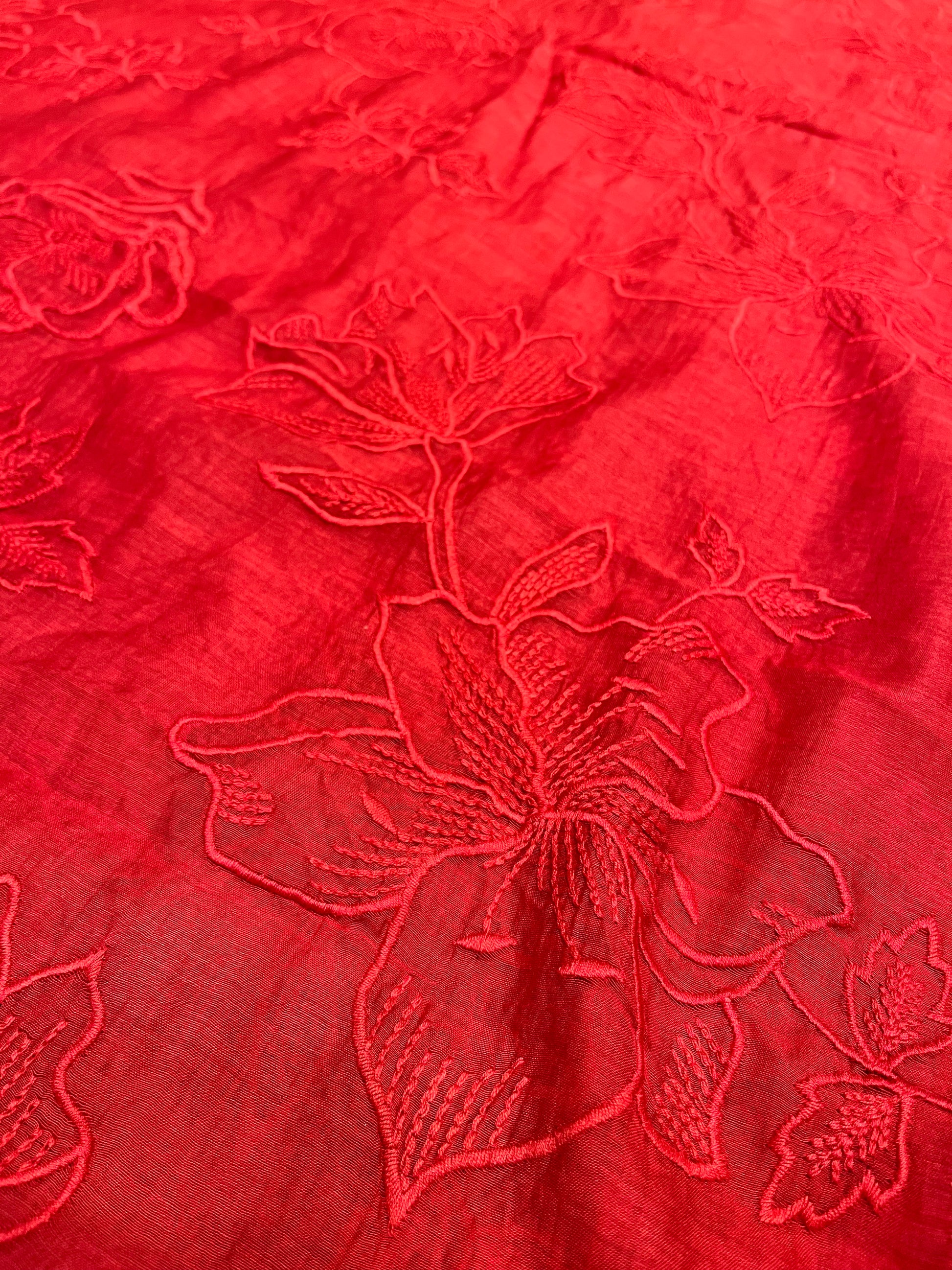 RED COLOUR MUL CHANDERI EMBROIDERED UNSTITCHED CO-ORD SET EMBELLISHED WITH RESHAM WORK & COTTON BOTTOM BY SIDDHAIKA - Kothari Sons