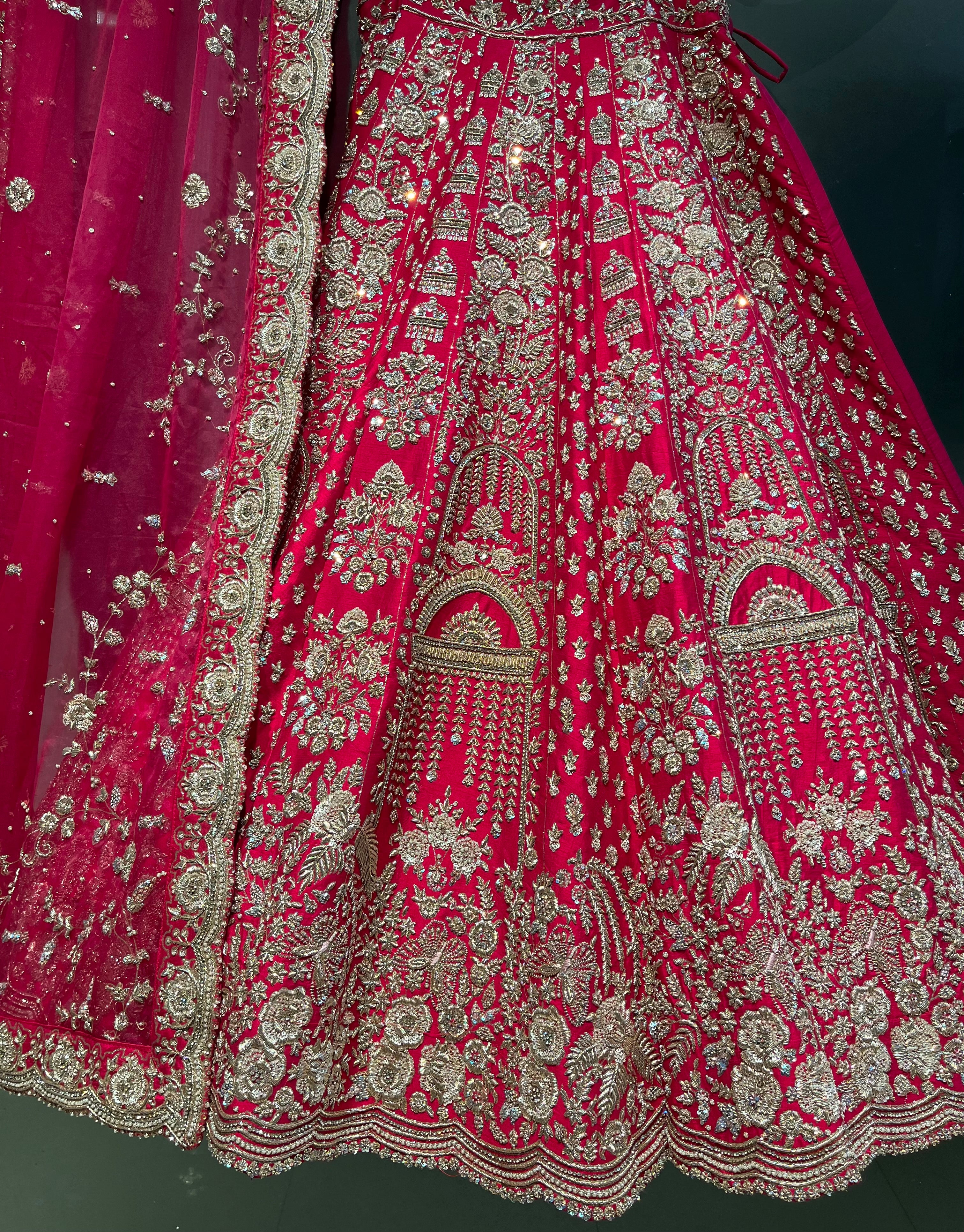 Dazzling Pink Yellow Kasab Zari Work Georgette Wedding Lehenga Choli.Online  lehenga style sarees collection in Delhi.