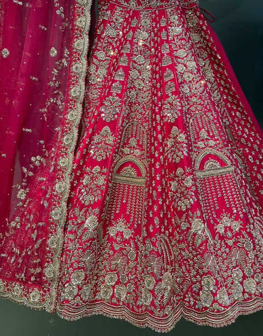RANI COLOUR BRIDAL HAND EMBROIDERED LEHENGA WITH UNSTITCHED BLOUSE & ORGANZA DUPATTA EMBELLISHED WITH ZARDOZI WORK
