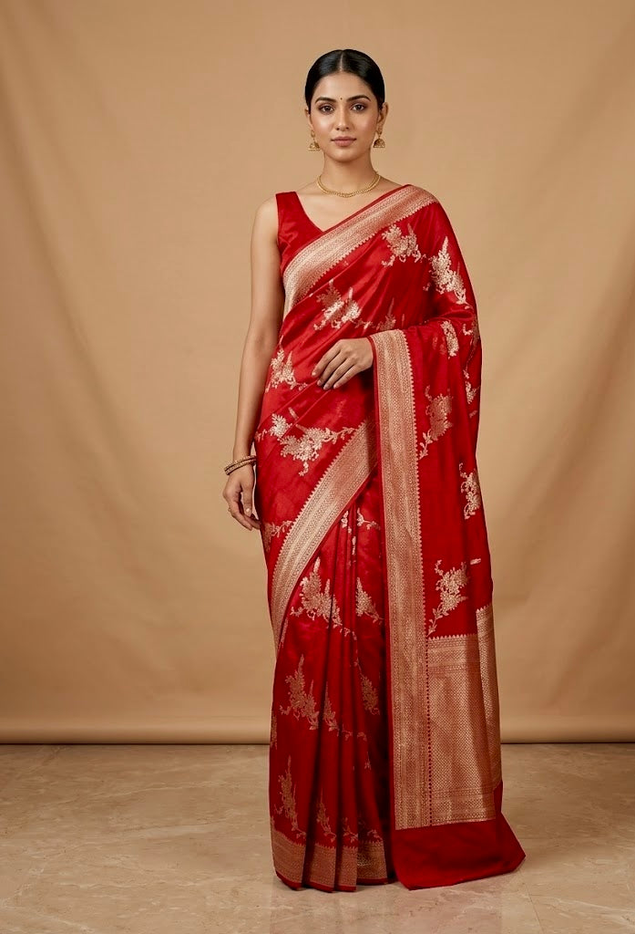 RED COLOUR ORGANZA SILK SAREE EMBELLISHED WITH ZARI WEAVES - Kothari Sons