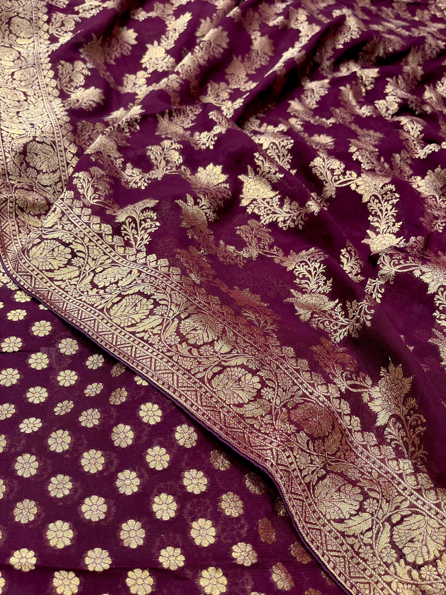 WINE COLOUR GEORGETTE KHADDI JALL SAREE EMBELLISHED WITH RESHAM WEAVE