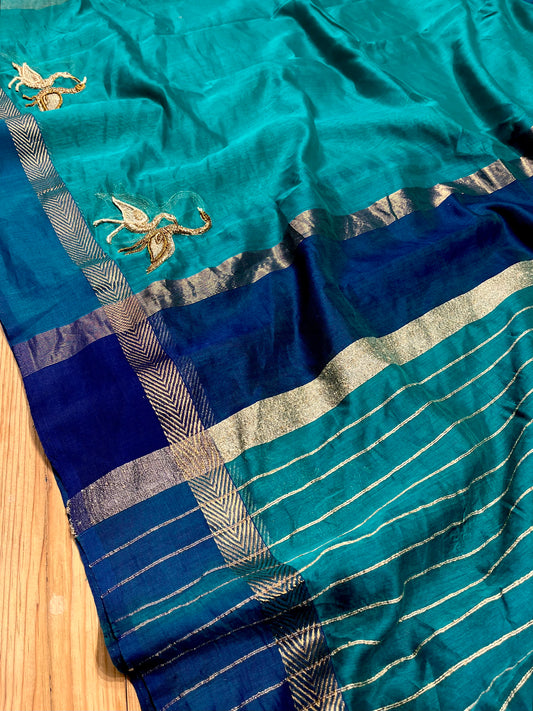 TURQUOISE COLOUR MAHESHWARI HAND EMBROIDERED SAREE EMBELLISHED WITH ZARDOZI WORK