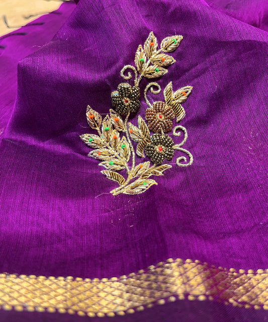 PURPLE COLOUR MAHESHWARI HAND EMBROIDERED SAREE EMBELLISHED WITH ZARDOZI & BEADS WORK