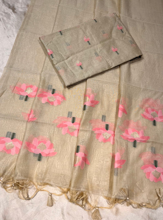 BEIGE COLOUR TANT DHAKAI JAMDANI UNSTITCHED SUIT WITHOUT BOTTOM ( DRESS MATERIAL