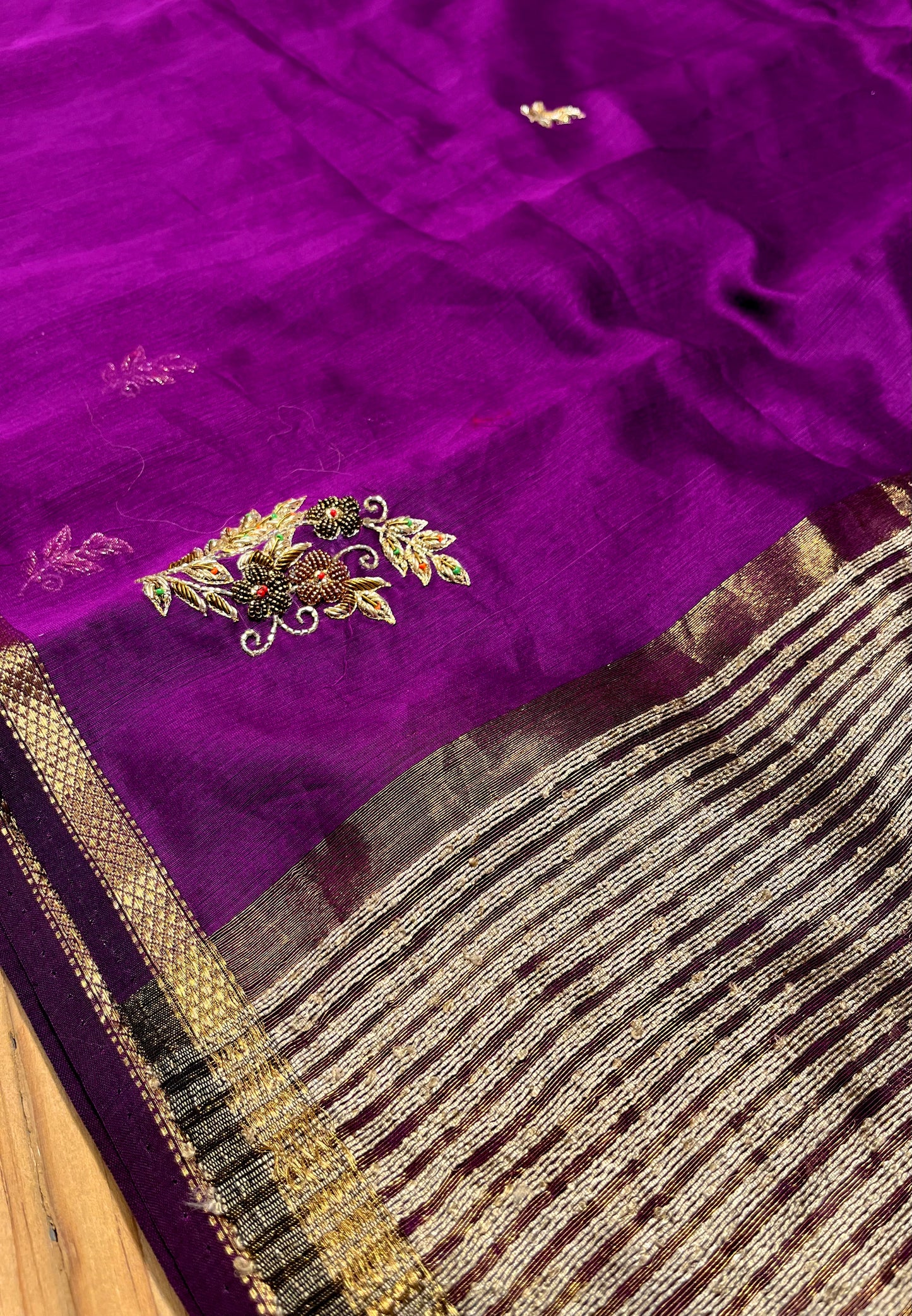 PURPLE COLOUR MAHESHWARI HAND EMBROIDERED SAREE EMBELLISHED WITH ZARDOZI & BEADS WORK